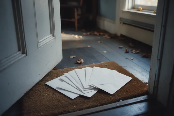 Unopened envelopes fanned across a doormat inside a front door.