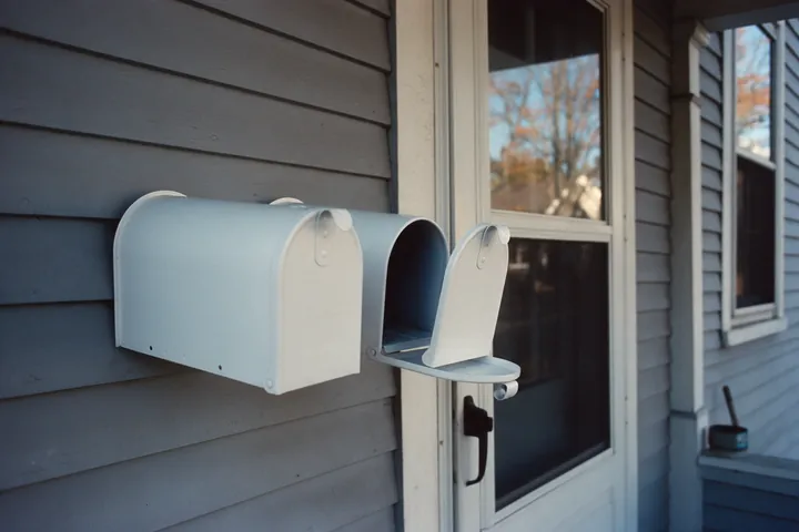Two mailboxes mounted side by side on clapboard beside a shared porch door.