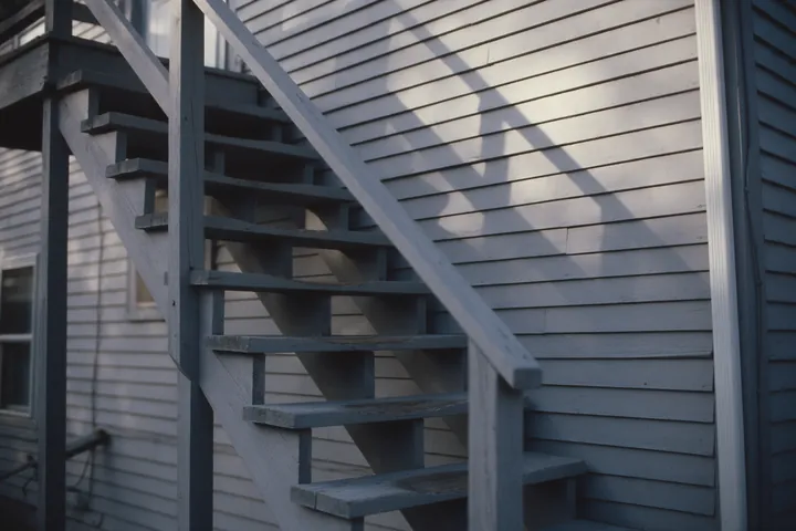 An exterior wooden staircase running up the back of a three storey house.