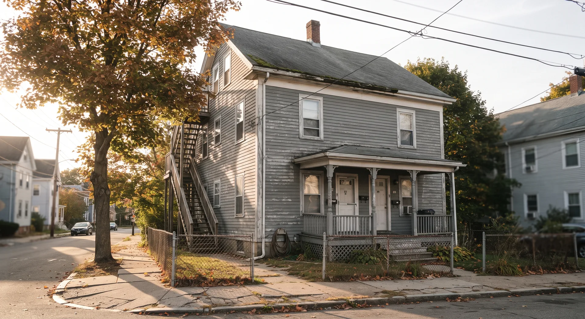 A grey two-family house on a Rhode Island corner lot in autumn, with an exterior staircase, a chain link fence and moss on the roof.