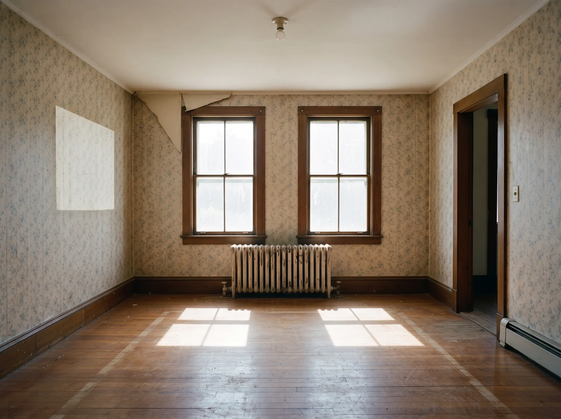 An empty upstairs room in an older Rhode Island house, with peeling wallpaper, a cast iron radiator under two windows, and afternoon light on bare floorboards.